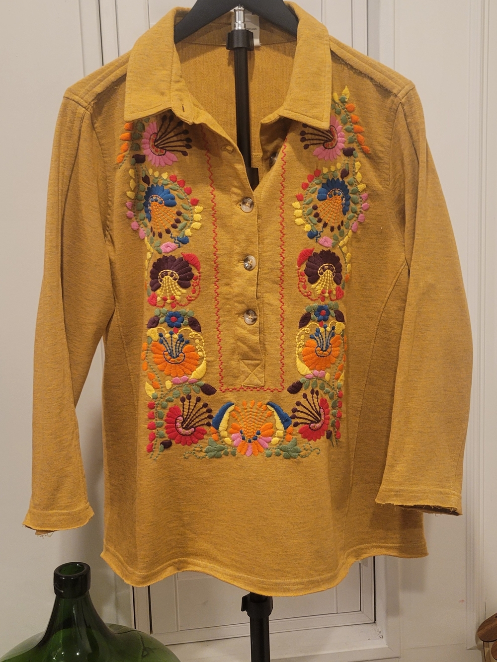 Embroidered Mustard Long-Sleeve Shirt with Spread Collar
